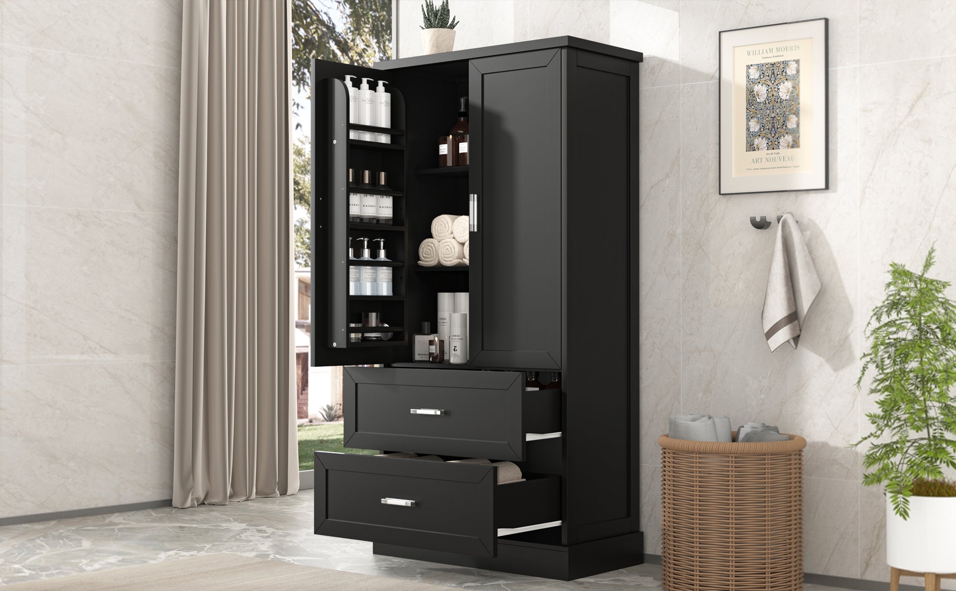 Tall black bathroom storage cabinet with doors and drawers