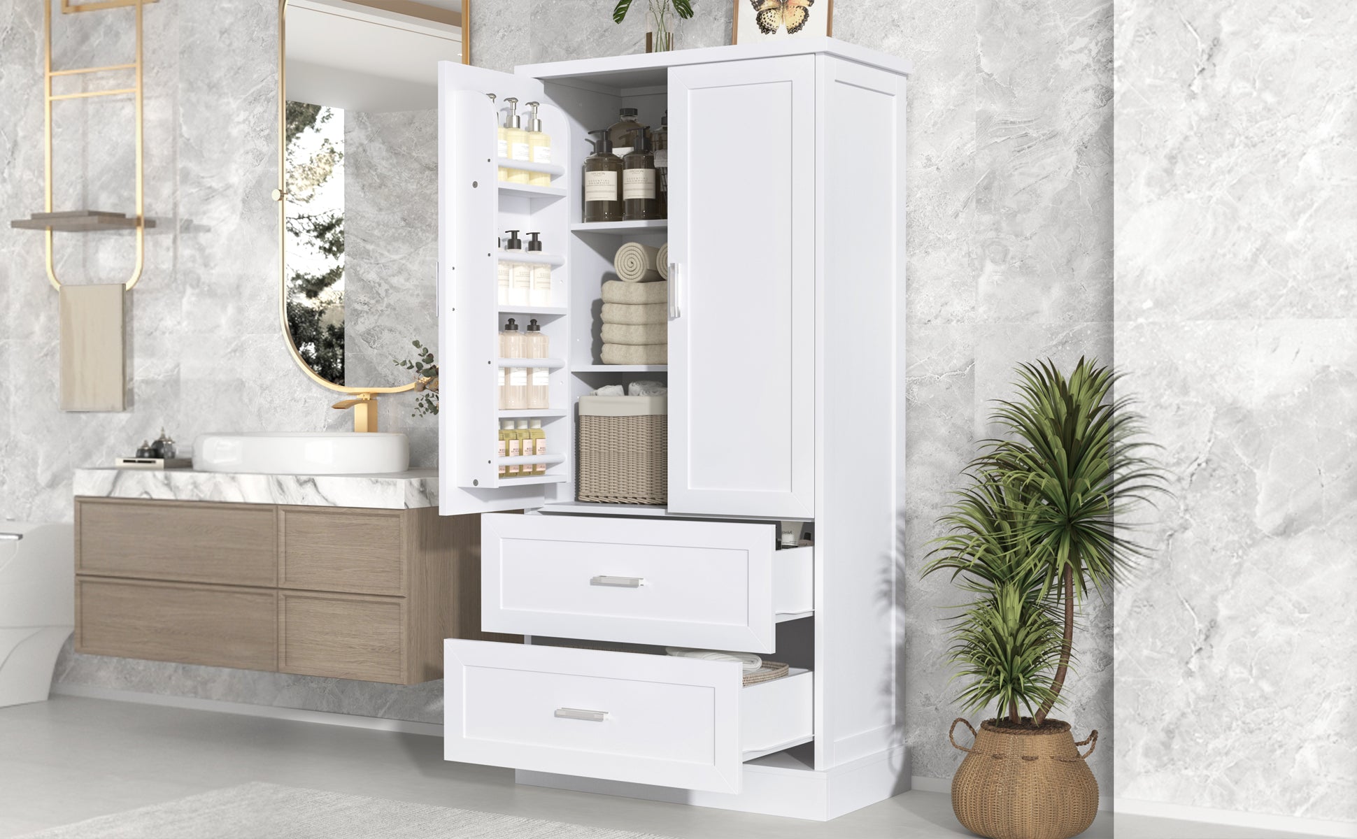 Tall white bathroom cabinet with drawers and double doors