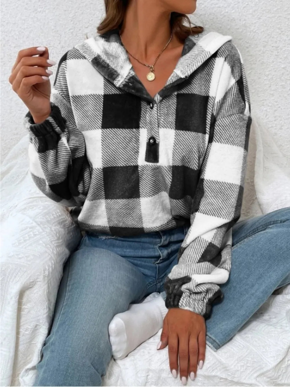 Women's checkered plush hoodie with semi-open collar, front view

