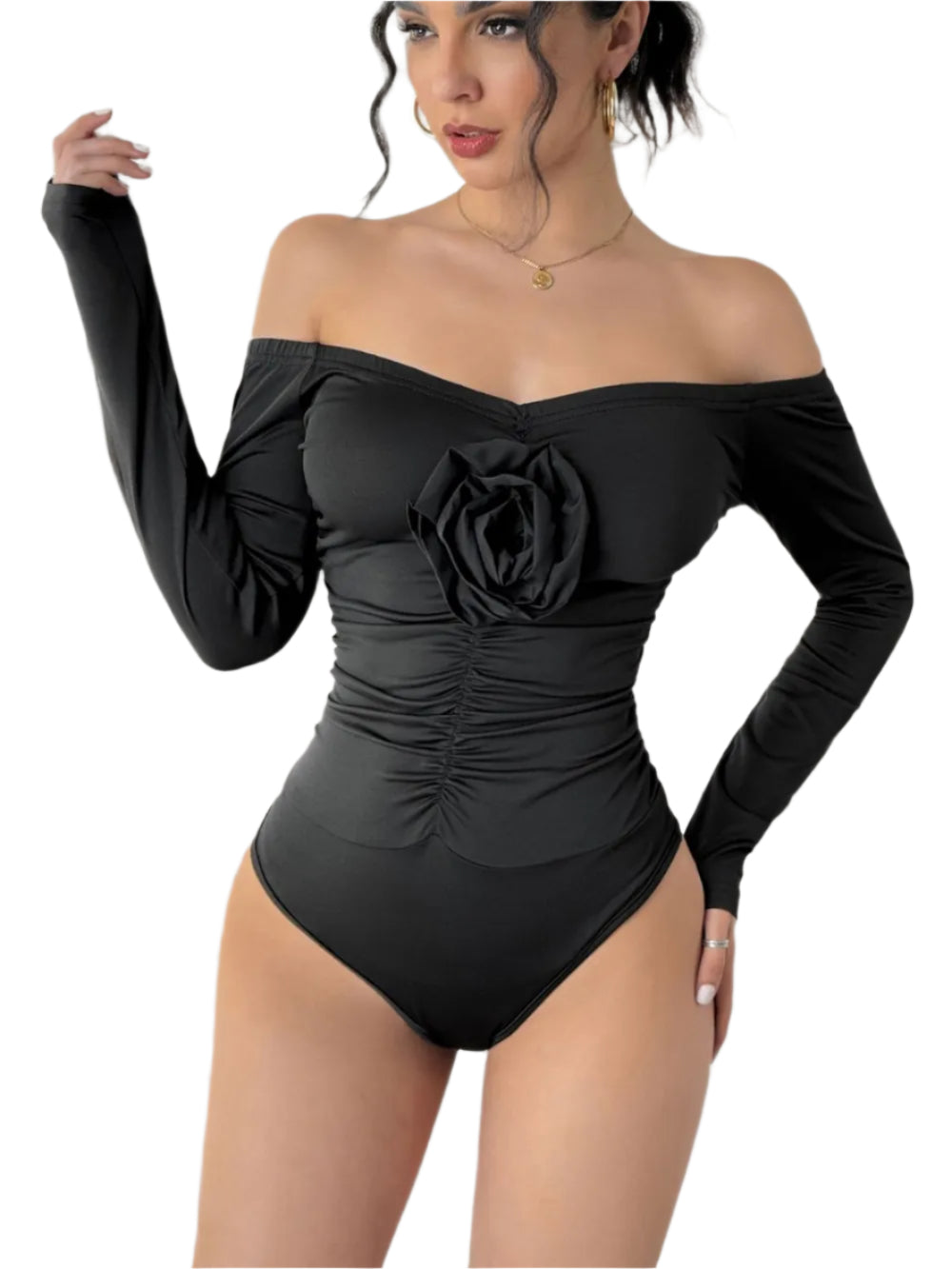 “Floral Ruched Off Shoulder Bodysuit for Women – women’s trendy off-shoulder bodysuit with floral print and ruched details – Hot Deal Warehouse fashion”

