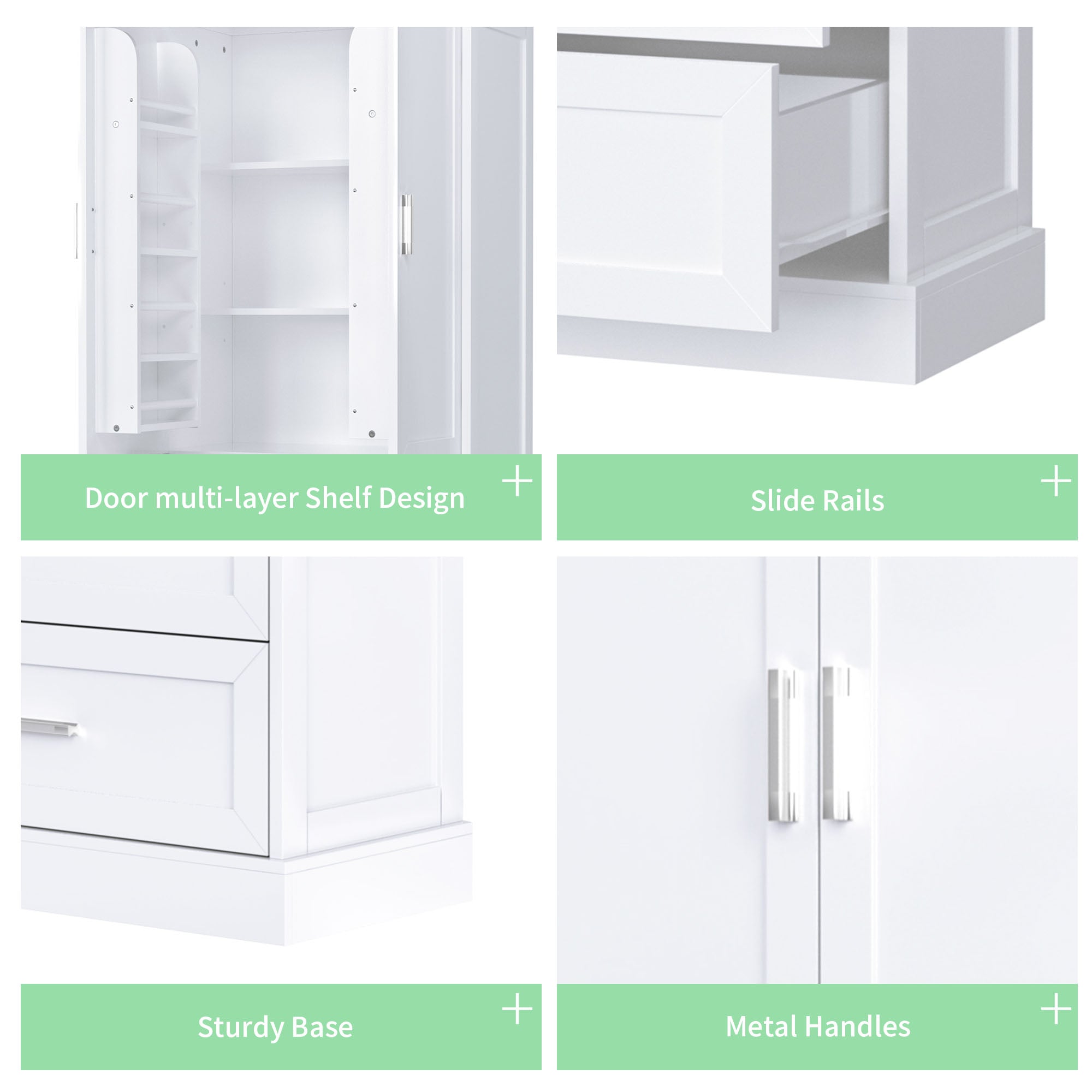 Tall white bathroom cabinet with drawers and double doors