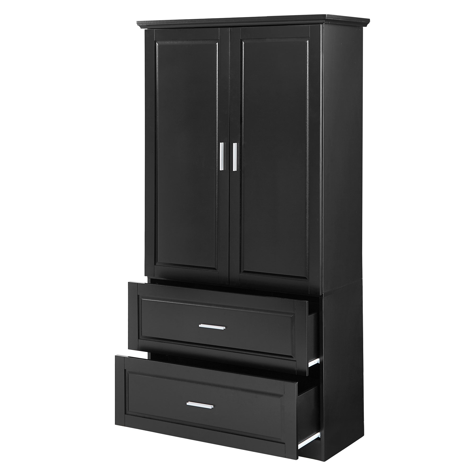 Black MDF tall bathroom storage cabinet with two doors and drawers
