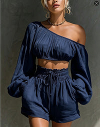 Shoulder long sleeved short top+high waisted casual shorts set for women Hot Deal Warehouse