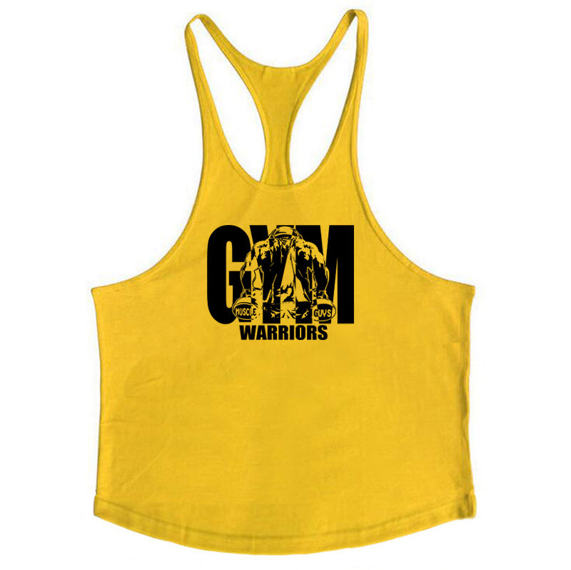 GYM WARRIORS cotton fitness vest, featuring a deep digging design and thin shoulder straps. This lightweight, breathable shirt is perfect for intense workouts, providing comfort and flexibility while showcasing a sporty, stylish look