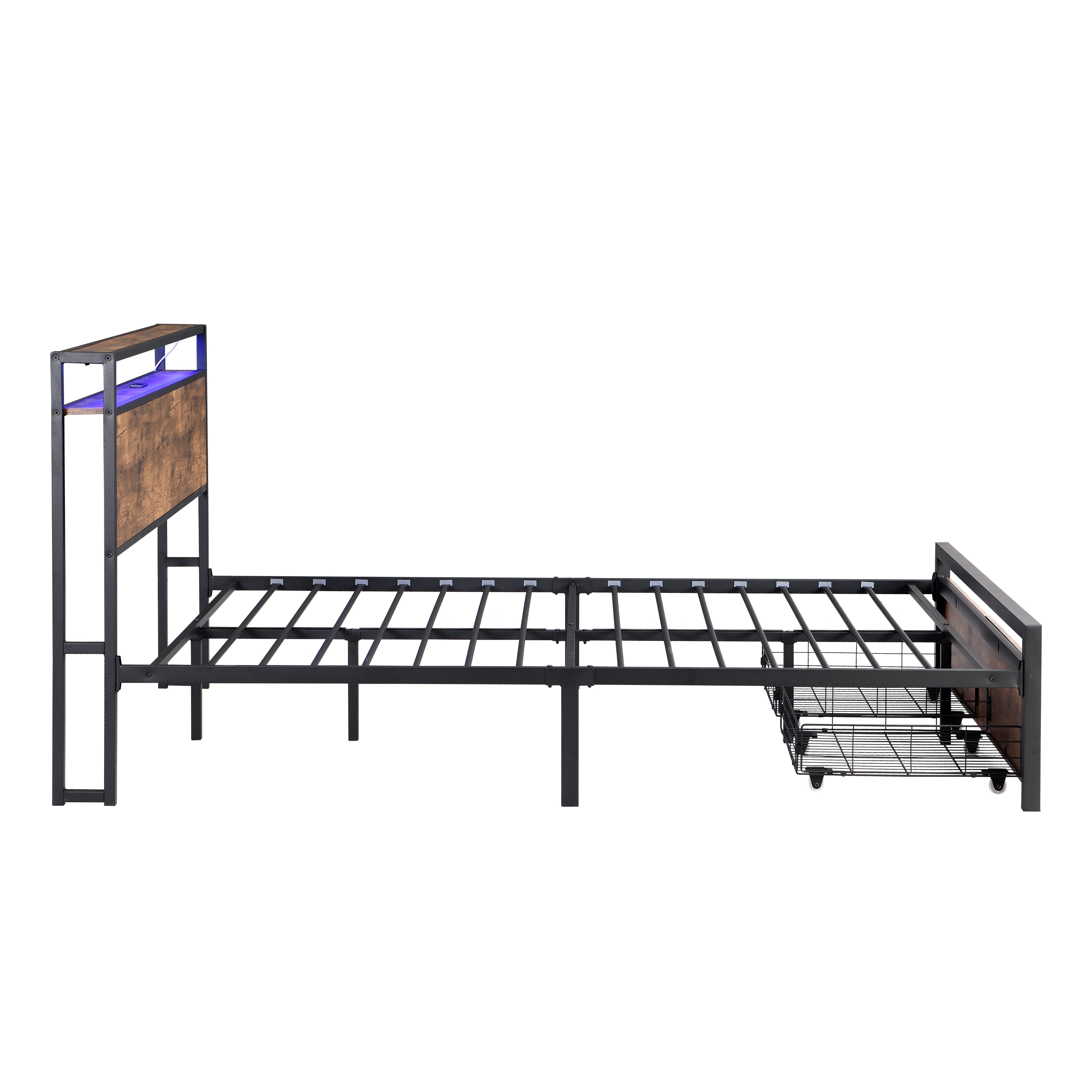 Full-size bed frame with LED headboard, drawers, and charging ports
