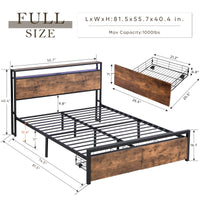 Full-size bed frame with LED headboard, drawers, and charging ports