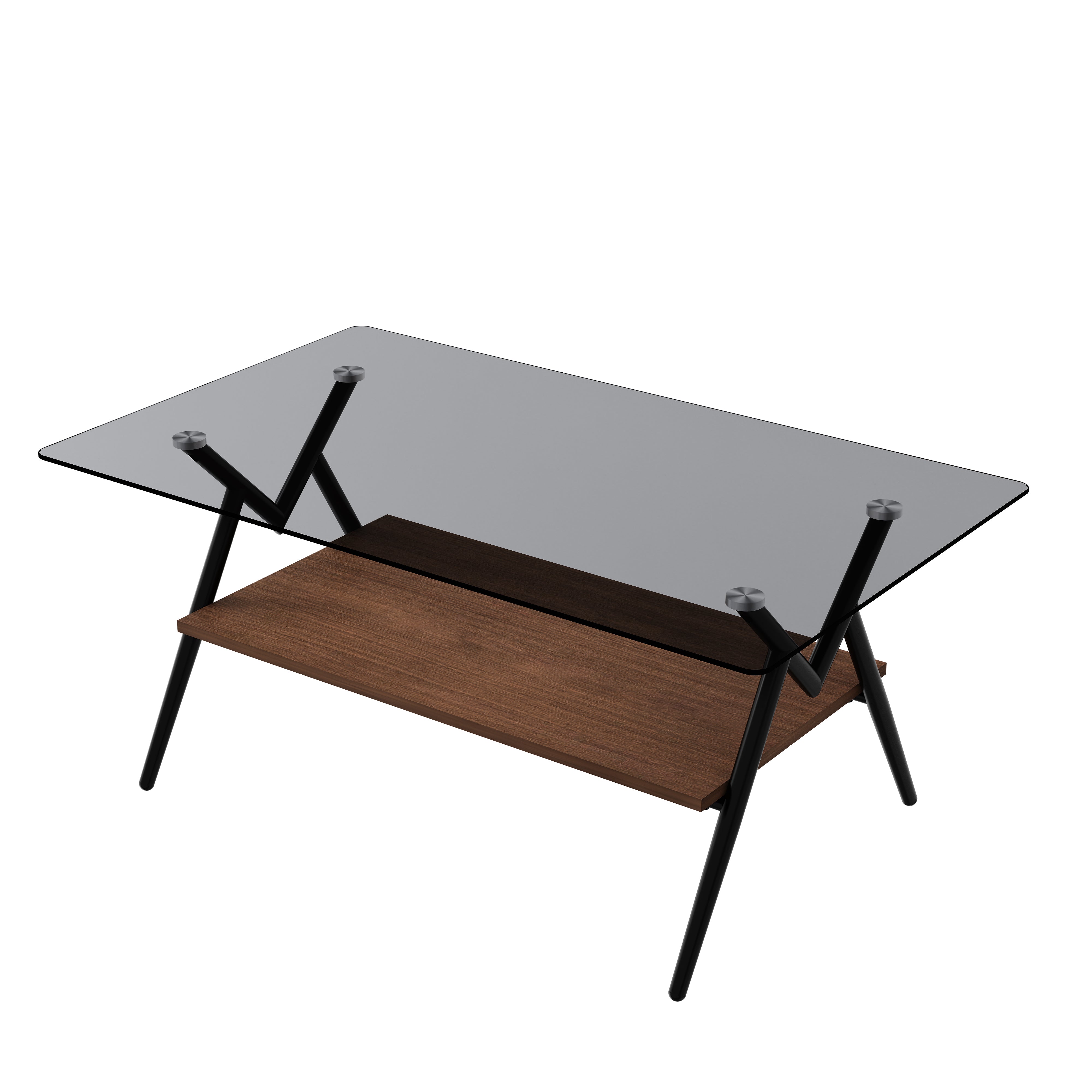 Rectangular coffee table with gray glass top and brown MDF shelf