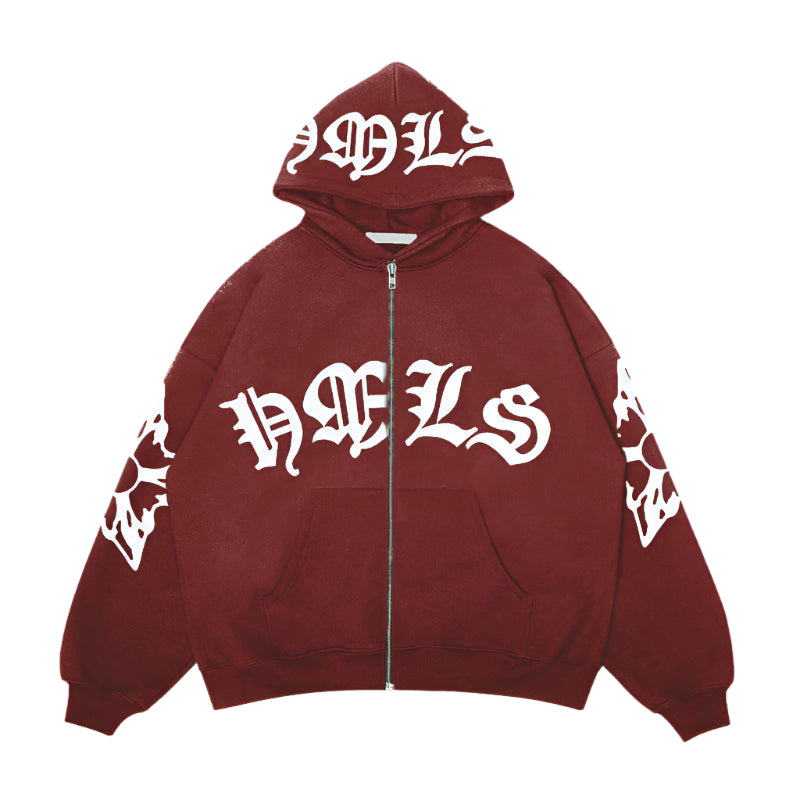 Oversized unisex hoodie with Gothic letter print and zipper – streetwear fashion for men and women.

