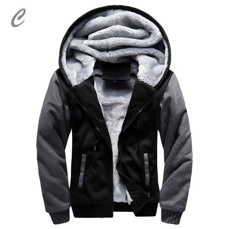 Men's winter hooded jacket with thick velvet lining, front view

