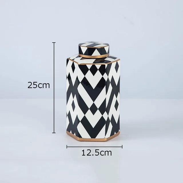 Geometric Black & White Striped Ceramic Storage Jar