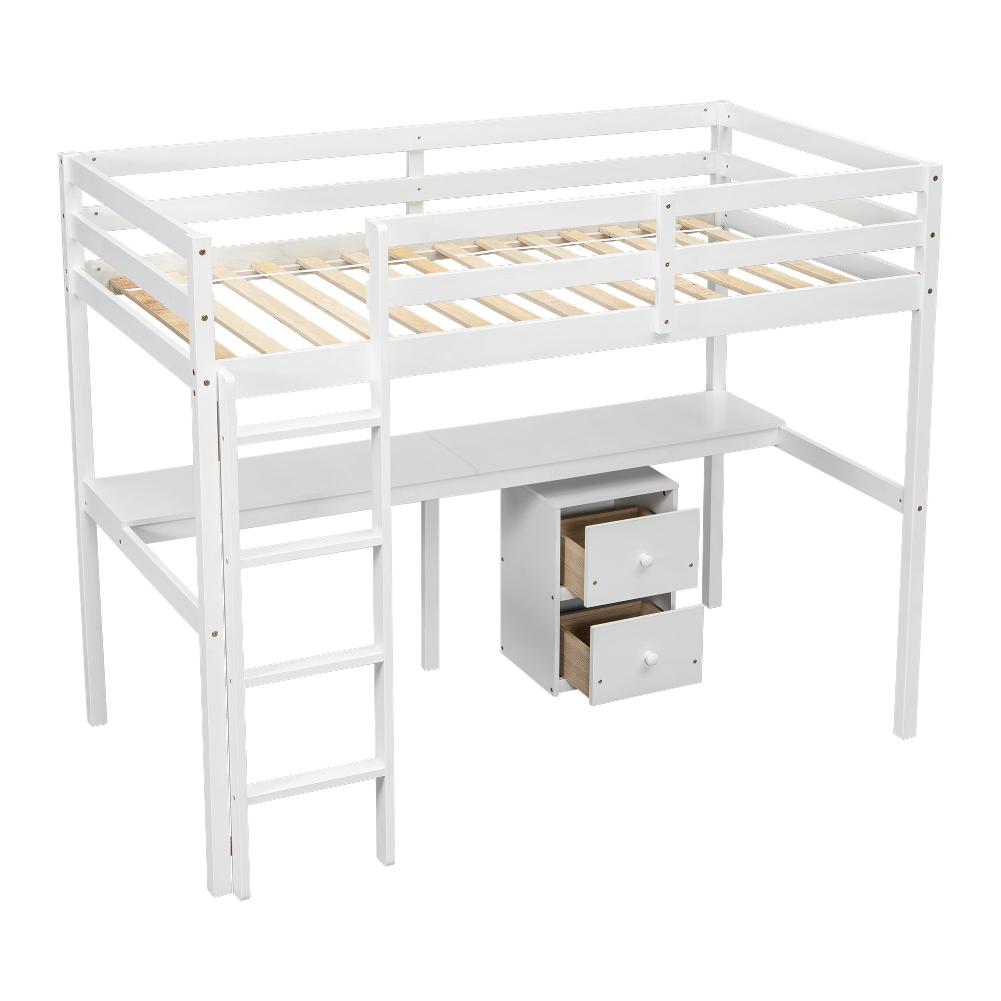 Full view of white twin loft bed with built-in desk and drawers underneath

