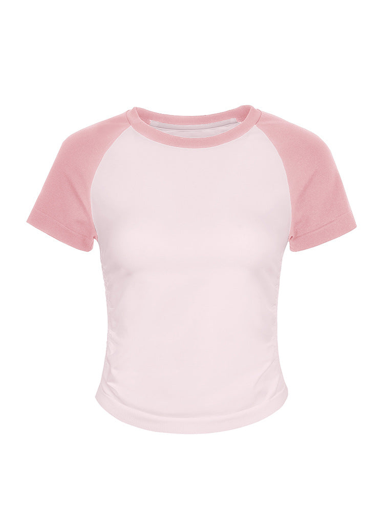 Women's fitted raglan sleeve fitness top with quick-dry fabric and color-block design