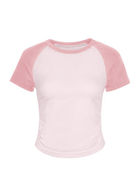 Women's fitted raglan sleeve fitness top with quick-dry fabric and color-block design