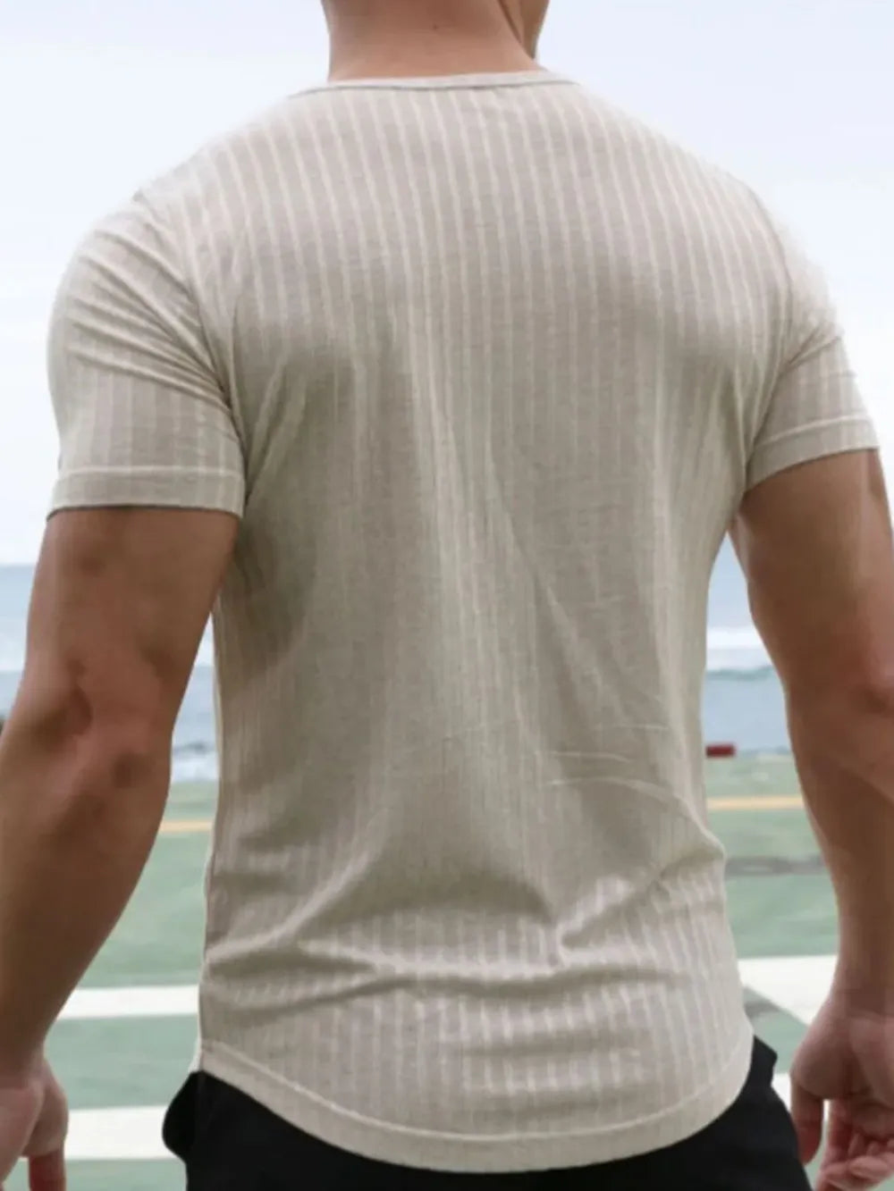 Men's striped round neck t-shirt, front view

