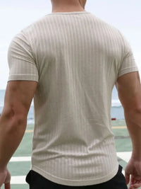 Men's striped round neck t-shirt, front view

