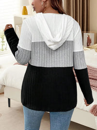Plus size women's color block knitted hoodie with long sleeves and drawstring hood in cozy knit fabric.








