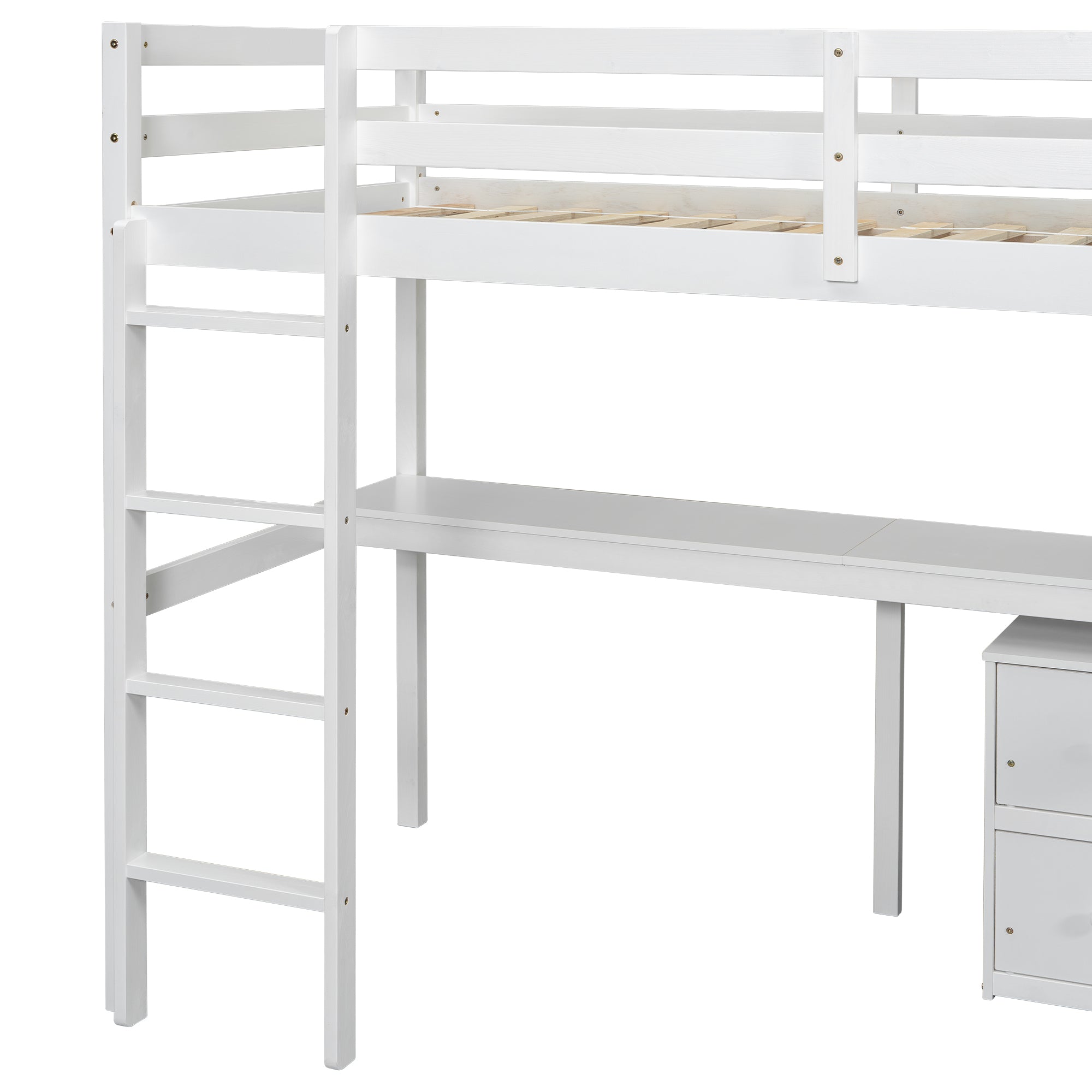 Full view of white twin loft bed with built-in desk and drawers underneath

