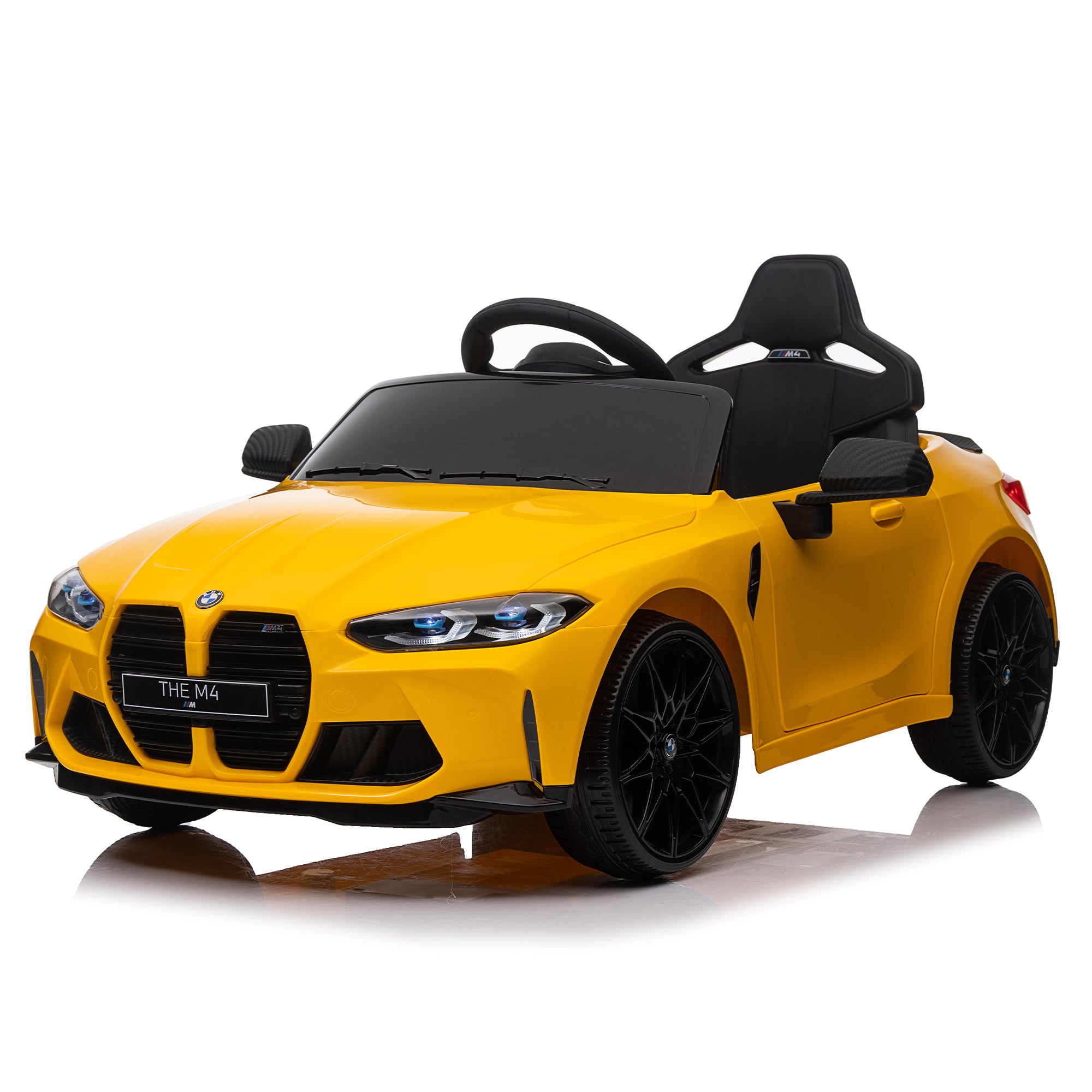 Yellow BMW M4 12V electric ride-on car for kids, featuring authentic design with working headlights, MP3 player, and forward/reverse motion. Comes with adjustable seat and steering wheel, providing a realistic driving experience for children aged 3-6