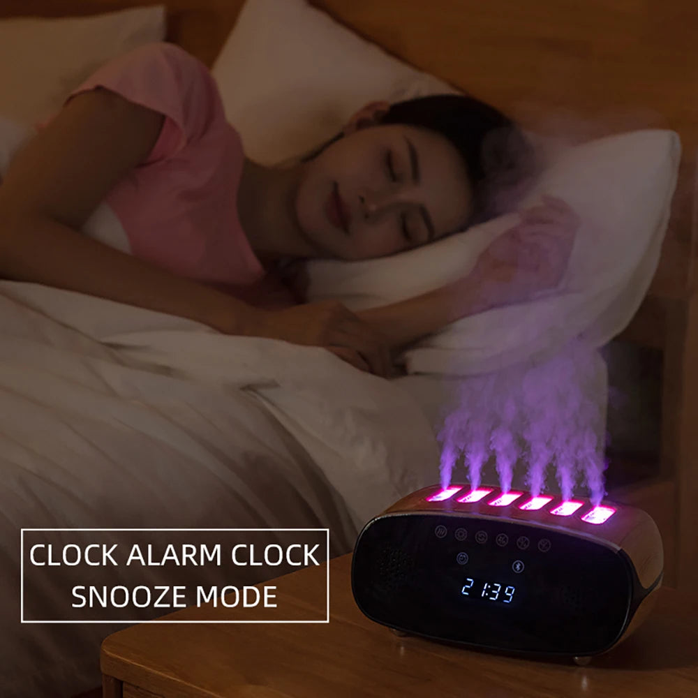 Music clock humidifier with a volcano light effect, combining a functional humidifier with a decorative LED light display and built-in music player, perfect for creating a relaxing atmosphere