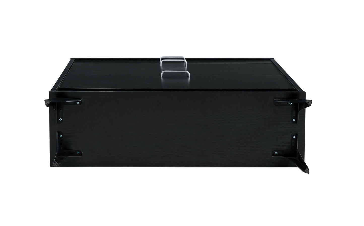 Black shoe cabinet with open shelves for footwear storage