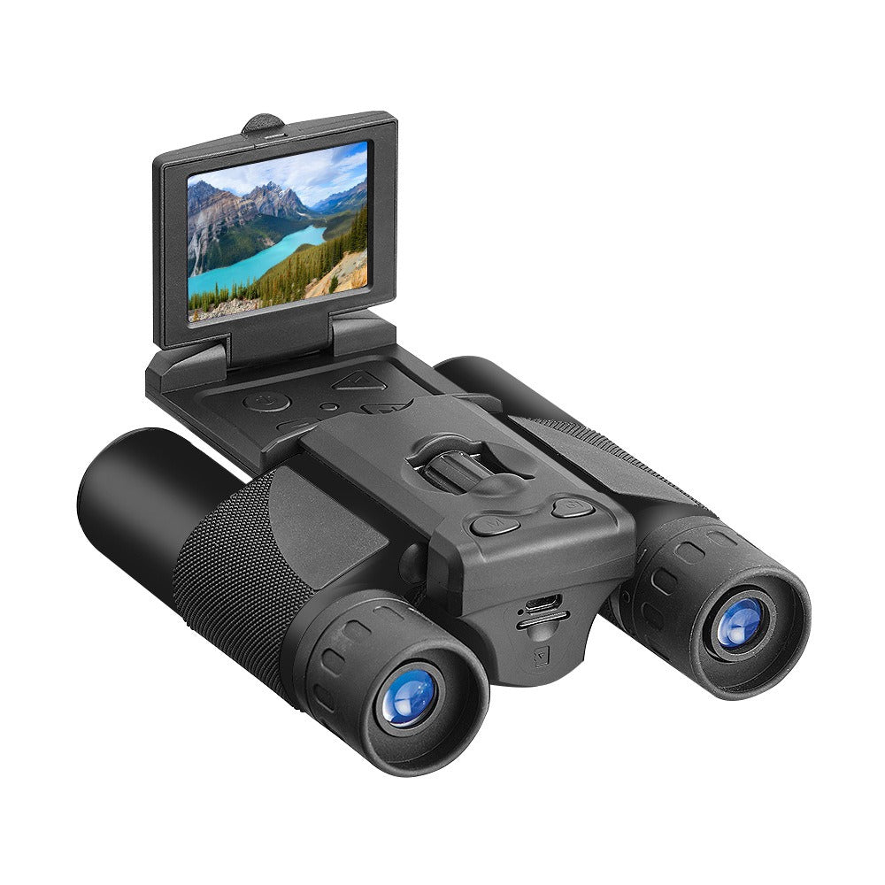 HD video camera binoculars with starlight night vision, allowing for clear daytime and nighttime viewing. Features high-definition video recording, powerful zoom, and enhanced starlight vision for low-light conditions, perfect for outdoor activities like wildlife observation and night-time surveillance