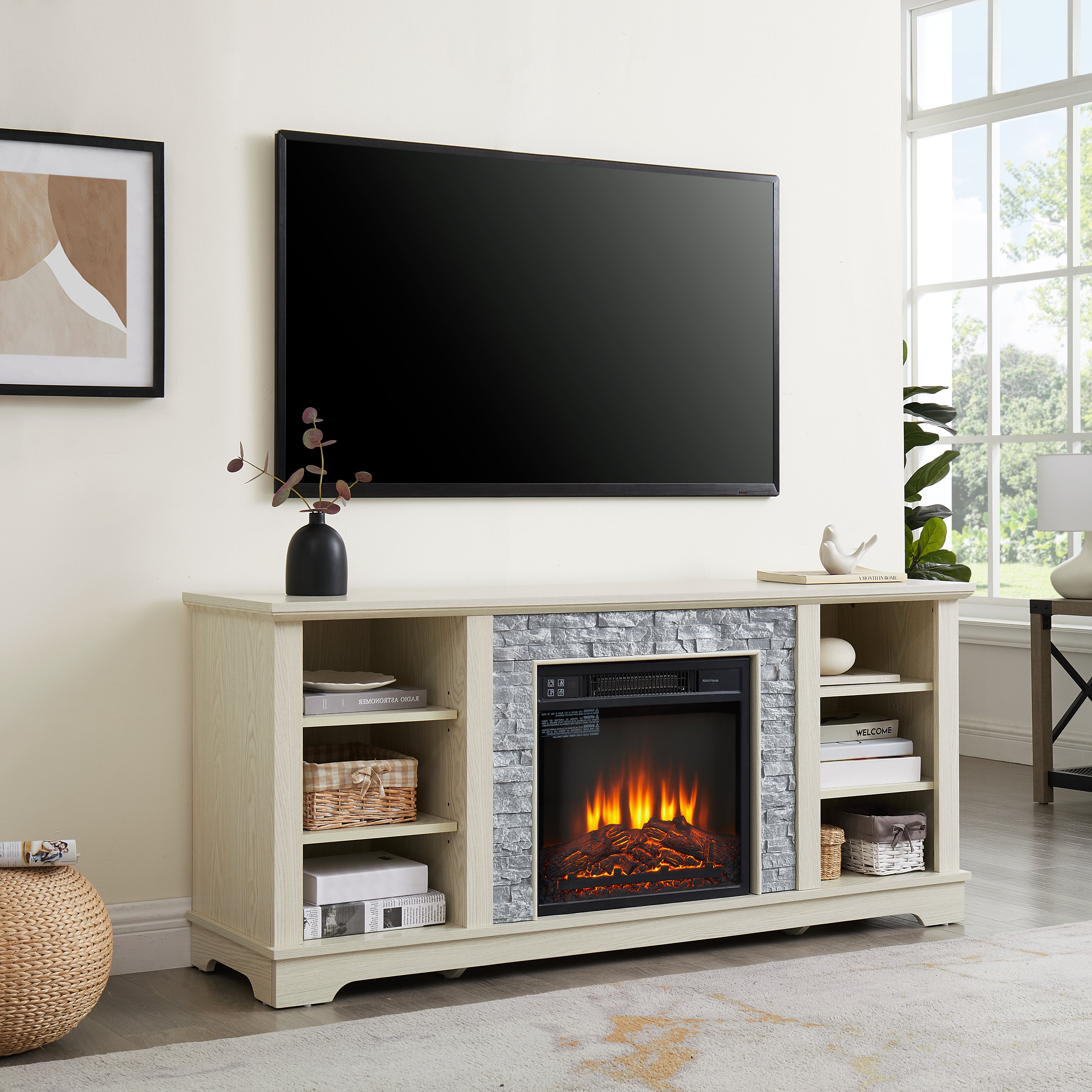 White TV stand with electric fireplace and stone-look mantel