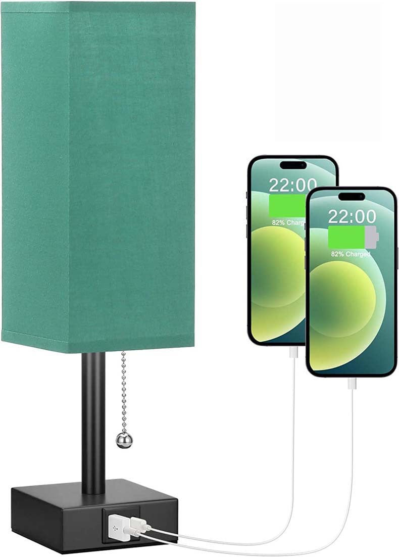 Modern square linen desk lamp with USB charging ports and 3-color dimmable lighting on a minimalist nightstand

