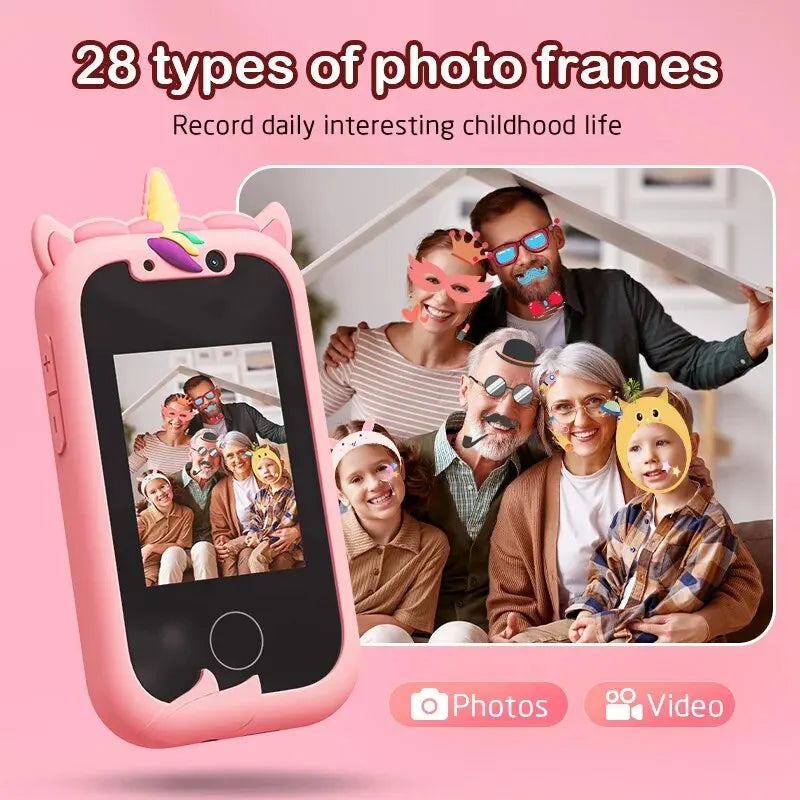 Kids smartphone camera toy with touchscreen, designed for 3-12-year-olds, doubles as an MP3 player and educational gift.


