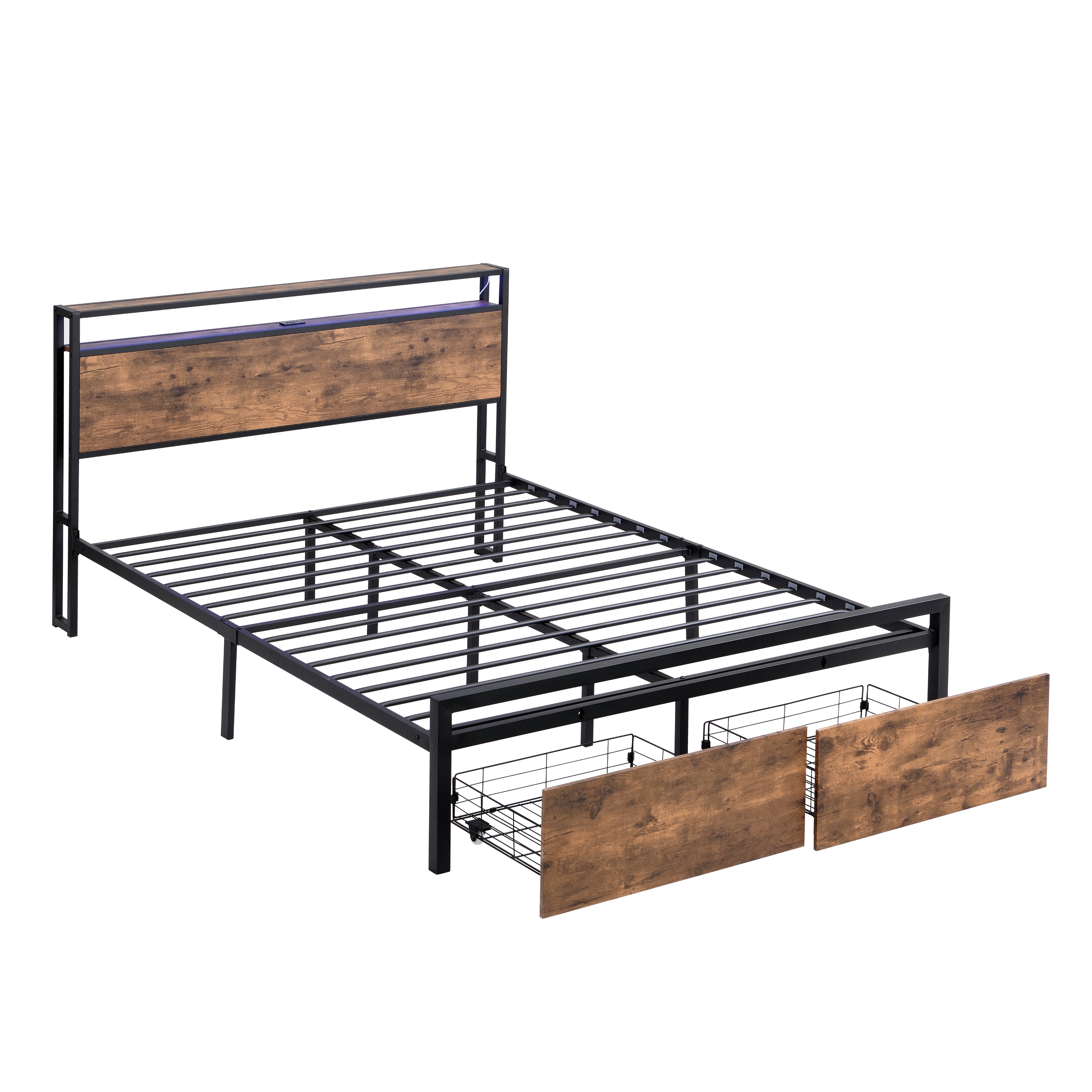 Full-size bed frame with LED headboard, drawers, and charging ports