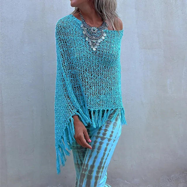 Bohemian Bat Sleeve Tassel Knit Hoodie Cape for Women – Oversized Pullover Sweater

