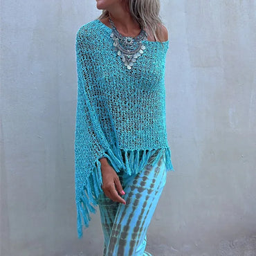 Bohemian Bat Sleeve Tassel Knit Hoodie Cape for Women – Oversized Pullover Sweater


