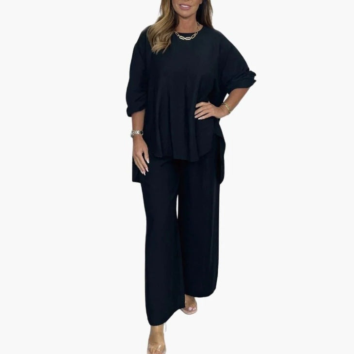 Solid Loose Casual Suit Wide Leg Pants Two-Piece Set Hot Deal Warehouse