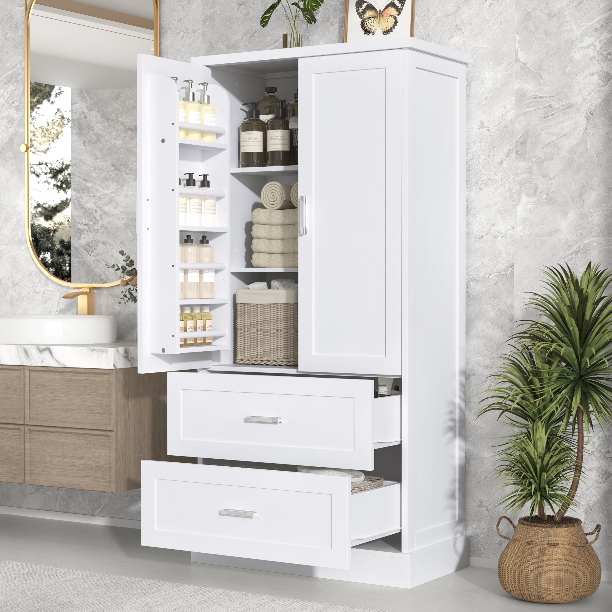 Tall white bathroom cabinet with drawers and double doors