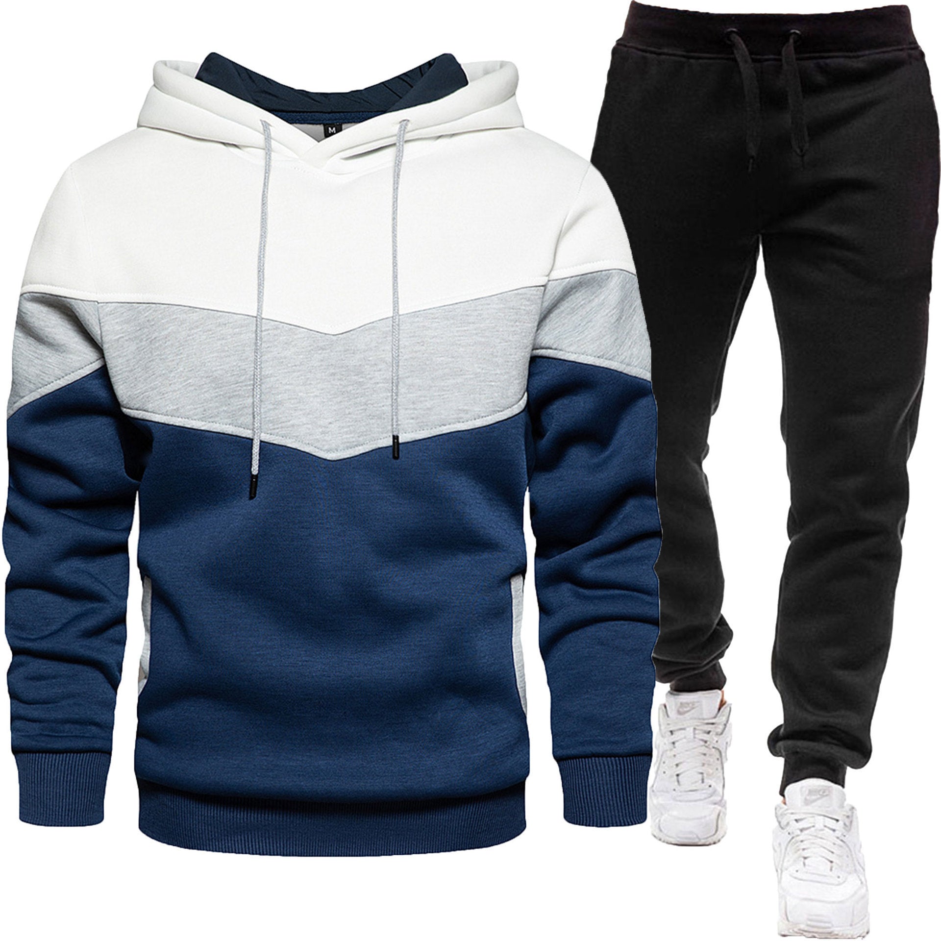 Men's three-color hoodie and jogger pants two-piece set, front view

