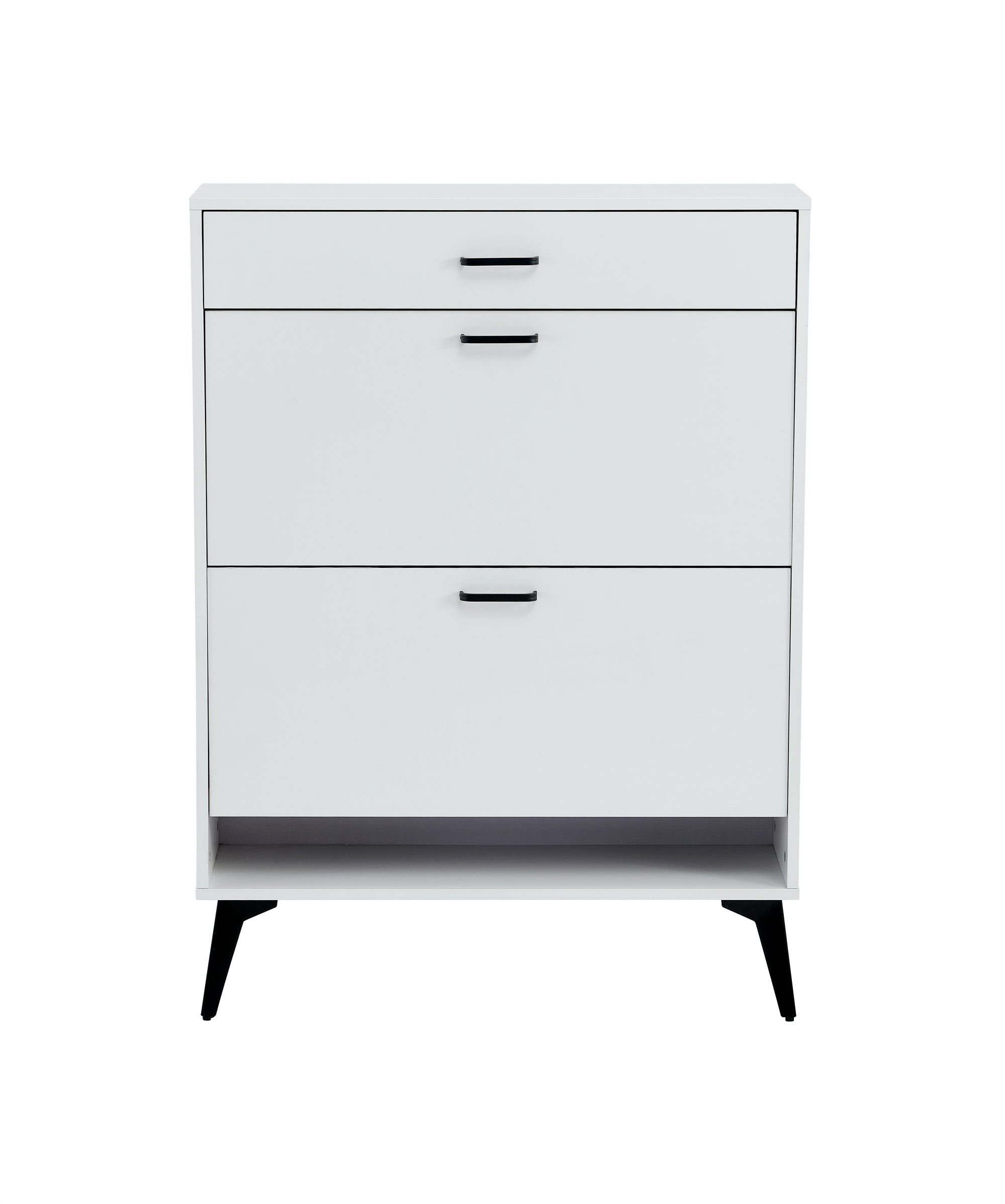 White shoe cabinet with open shelves and metal legs