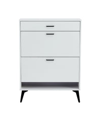White shoe cabinet with open shelves and metal legs