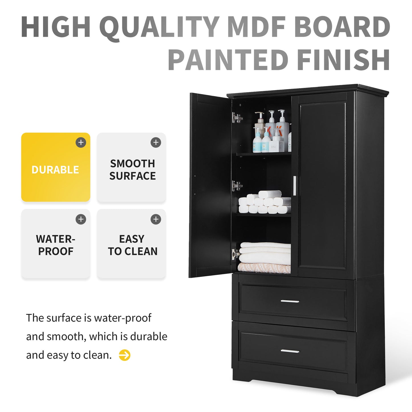 Black MDF tall bathroom storage cabinet with two doors and drawers