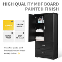 Black MDF tall bathroom storage cabinet with two doors and drawers