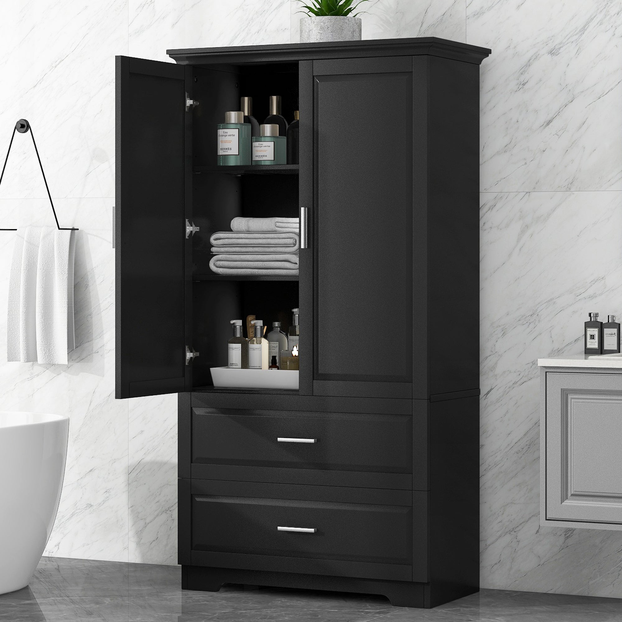 Black MDF tall bathroom storage cabinet with two doors and drawers