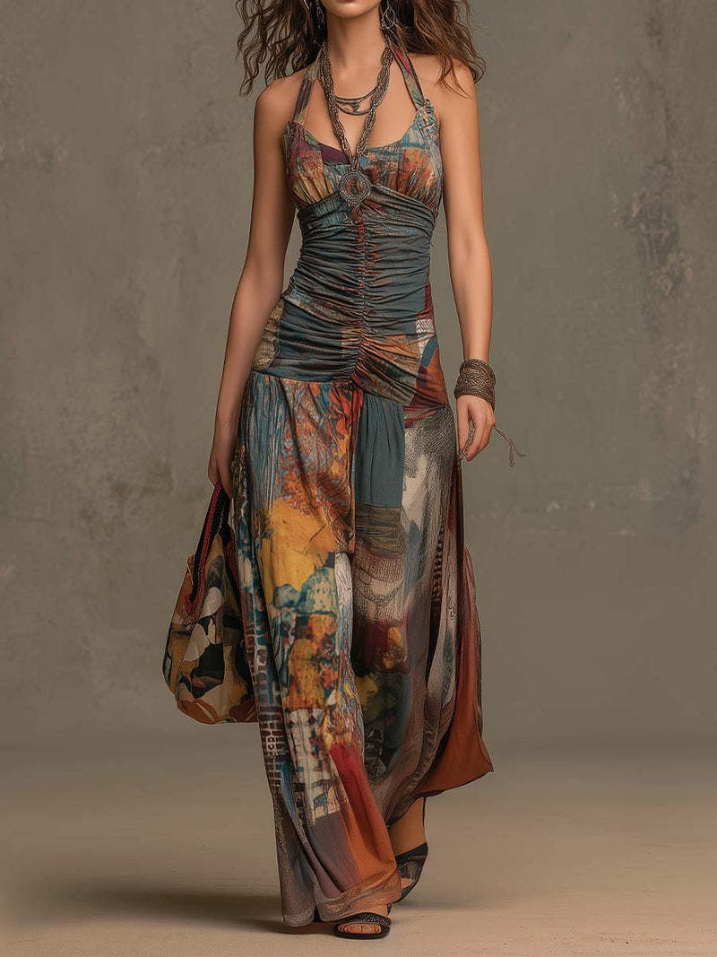 French Oil Painting Print Vintage Off-Shoulder Sexy Jumpsuit for Women Summer Hot Deal Warehouse