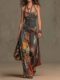 French Oil Painting Print Vintage Off-Shoulder Sexy Jumpsuit for Women Summer Hot Deal Warehouse