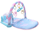 Baby playmat with keyboard, mirror, and hanging toys for newborn sensory development.


