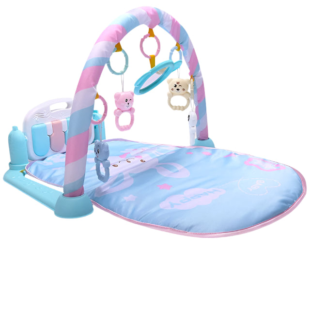 Baby playmat with keyboard, mirror, and hanging toys for newborn sensory development.

