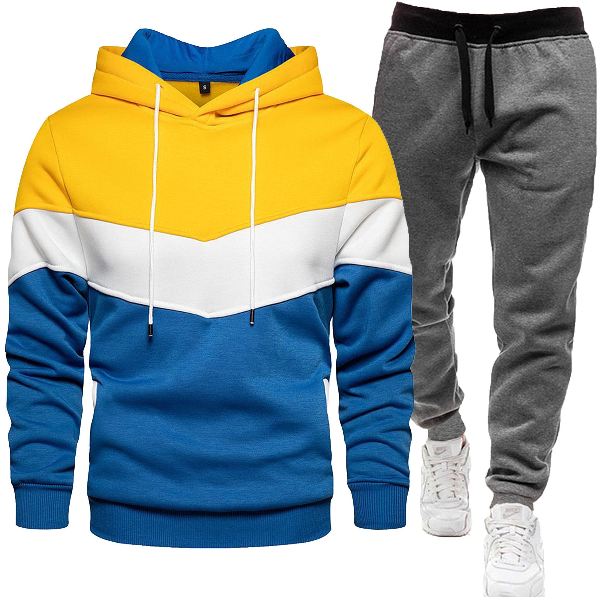 Men's three-color hoodie and jogger pants two-piece set, front view


