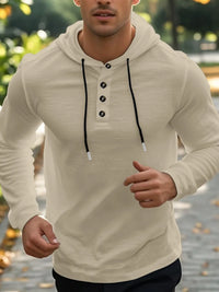 Men’s plus size hoodie with button detail and drawstring hood in long sleeve design.

