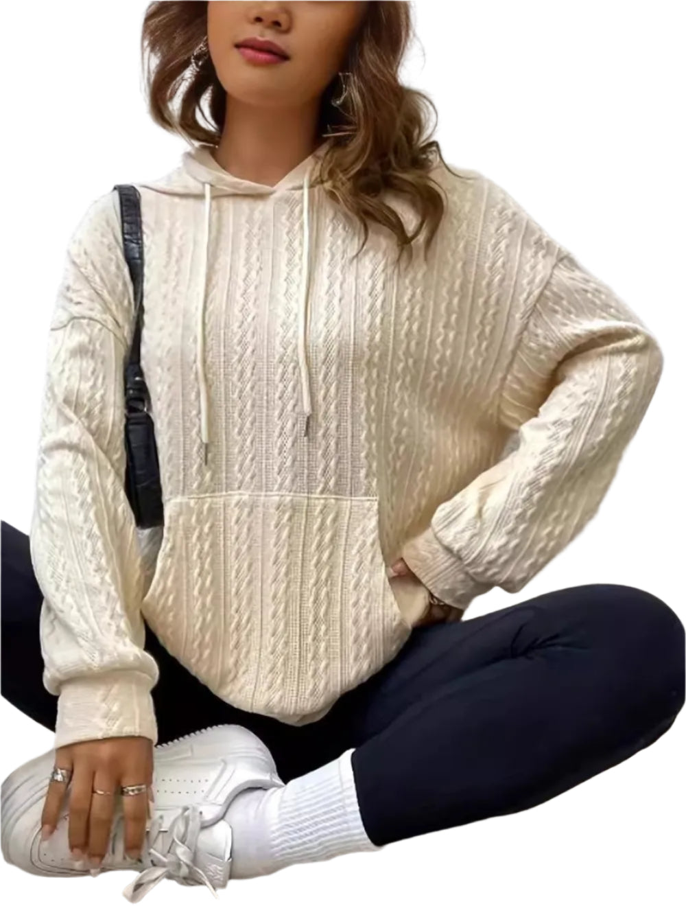 Women’s hooded knit sweater with pit stripe texture and kangaroo pocket in a relaxed fit.








