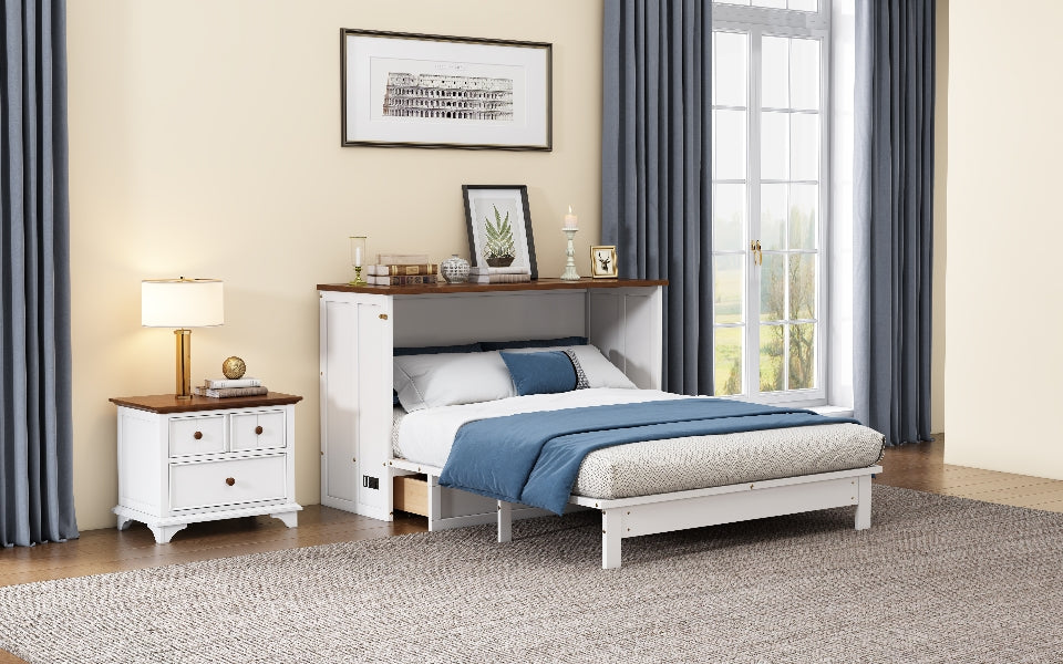 White and walnut queen Murphy bed chest in closed position