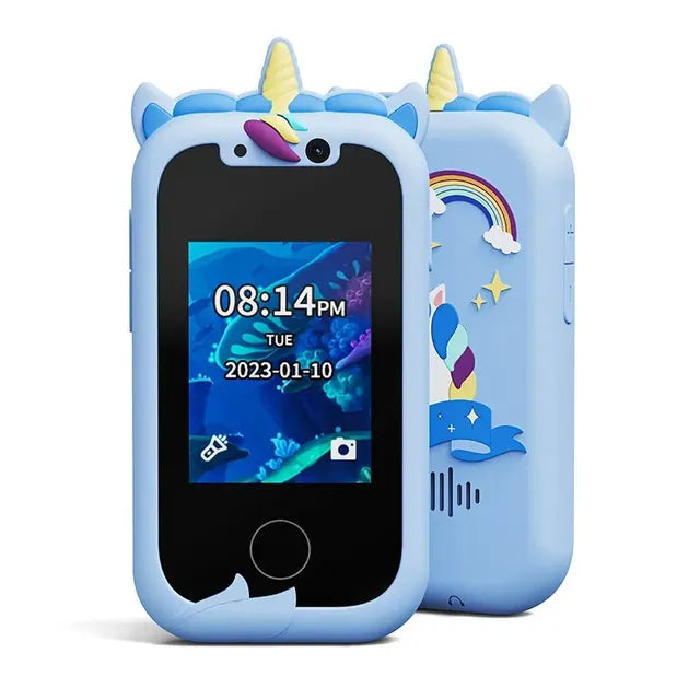 Kids smartphone camera toy with touchscreen, designed for 3-12-year-olds, doubles as an MP3 player and educational gift.

