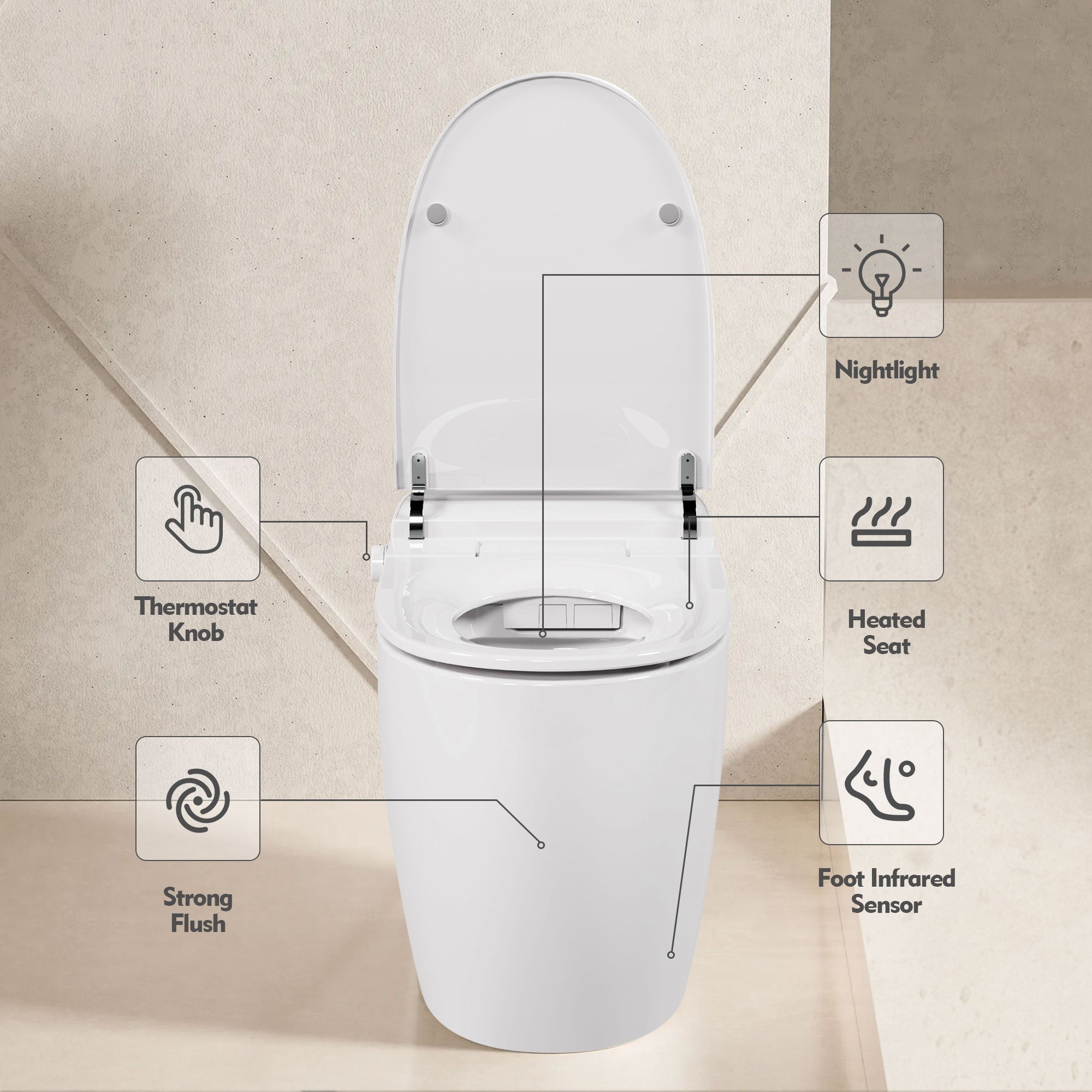 Modern intelligent toilet with heated seat and foot sensor in white