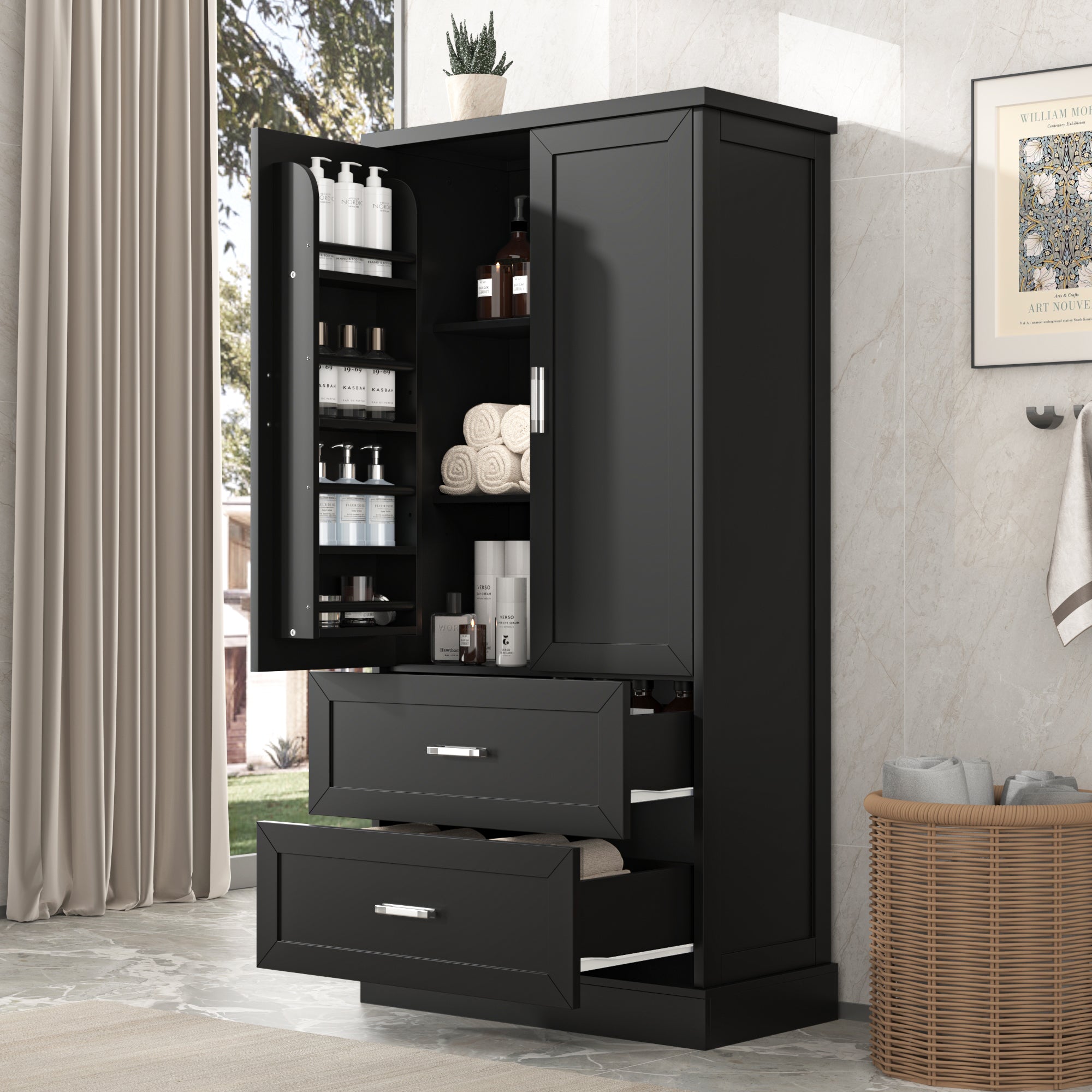 Tall black bathroom storage cabinet with doors and drawers